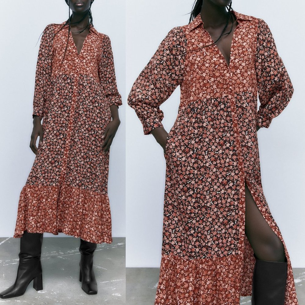 Zara Floral Midi Dress - Rust and Black